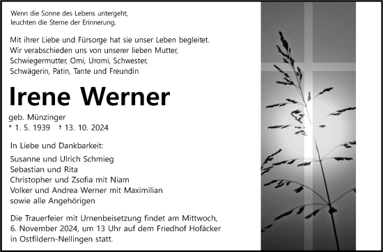 Traueranzeige von Irene Werner von Eßlinger Zeitung/Cannstatter Zeitung
