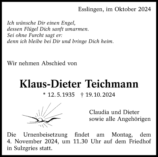 Traueranzeige von Klaus-Dieter Teichmann von Eßlinger Zeitung/Cannstatter Zeitung