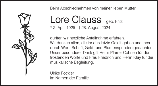 Traueranzeige von Lore Clauss von Eßlinger Zeitung/Cannstatter Zeitung