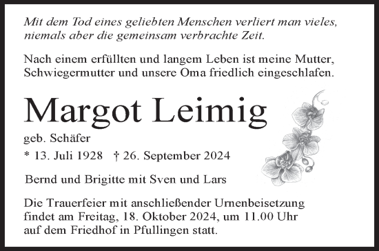 Traueranzeige von Margot Leimig von Eßlinger Zeitung/Cannstatter Zeitung