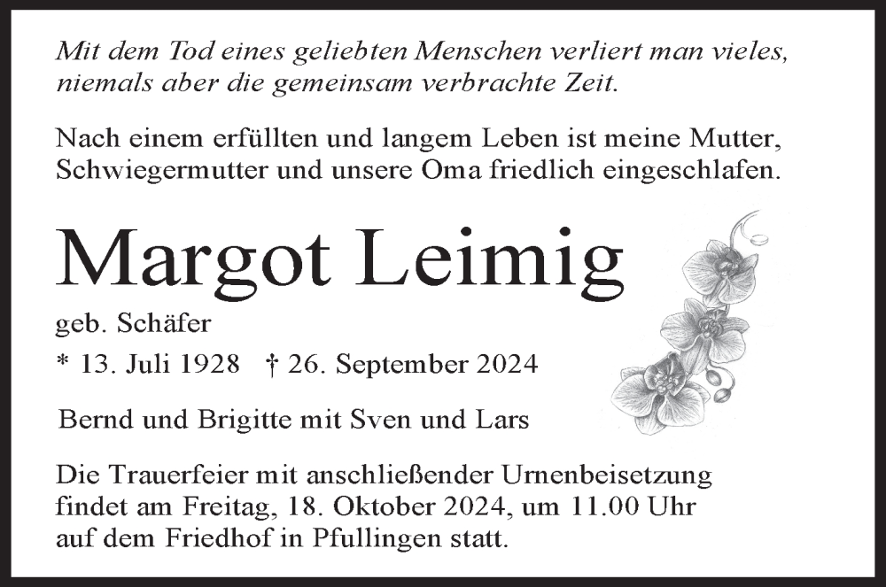  Traueranzeige für Margot Leimig vom 05.10.2024 aus Eßlinger Zeitung/Cannstatter Zeitung