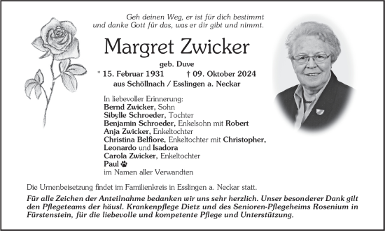 Traueranzeige von Margret Zwicker von Eßlinger Zeitung/Cannstatter Zeitung