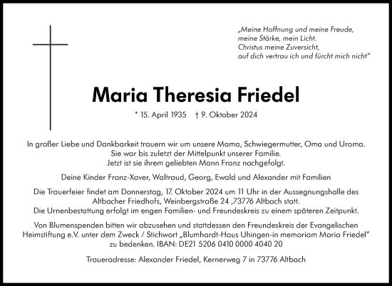 Traueranzeige von Maria Theresia Friedel von Eßlinger Zeitung/Cannstatter Zeitung