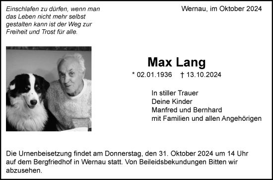 Traueranzeige von Max Lang von Eßlinger Zeitung/Cannstatter Zeitung
