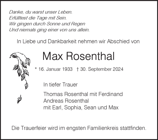 Traueranzeige von Max Rosenthal von Eßlinger Zeitung/Cannstatter Zeitung