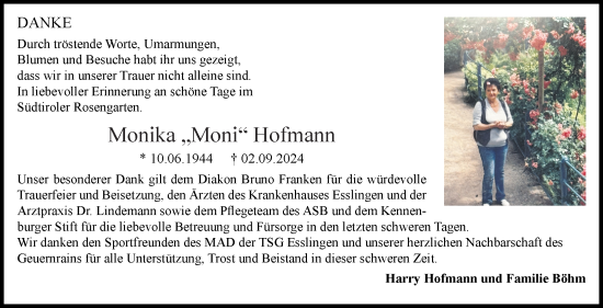 Traueranzeige von Monika Hofmann von Eßlinger Zeitung/Cannstatter Zeitung