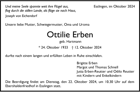 Traueranzeige von Ottilie Erben von Eßlinger Zeitung/Cannstatter Zeitung