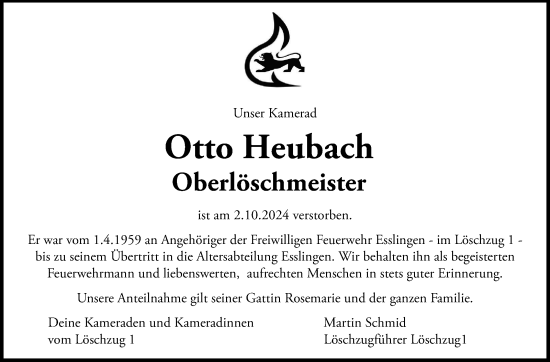 Traueranzeige von Otto Heubach von Eßlinger Zeitung/Cannstatter Zeitung