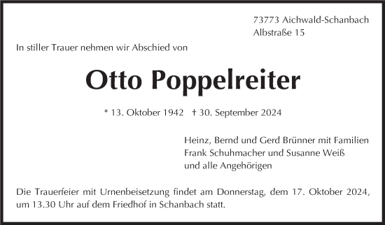 Traueranzeige von Otto Poppelreiter von Eßlinger Zeitung/Cannstatter Zeitung