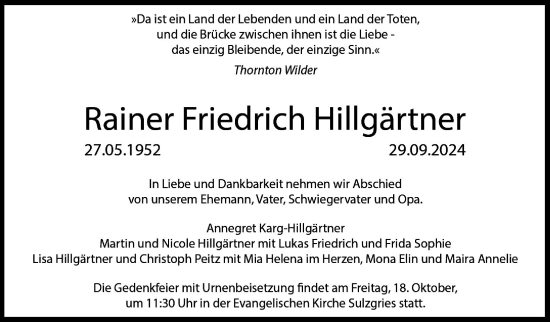 Traueranzeige von Rainer Friedrich Hillgärtner von Eßlinger Zeitung/Cannstatter Zeitung