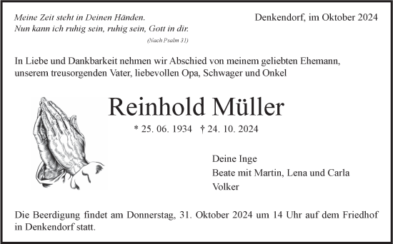 Traueranzeige von Reinhold Müller von Eßlinger Zeitung/Cannstatter Zeitung