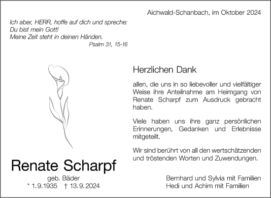 Traueranzeige von Renate Scharpf von Eßlinger Zeitung/Cannstatter Zeitung