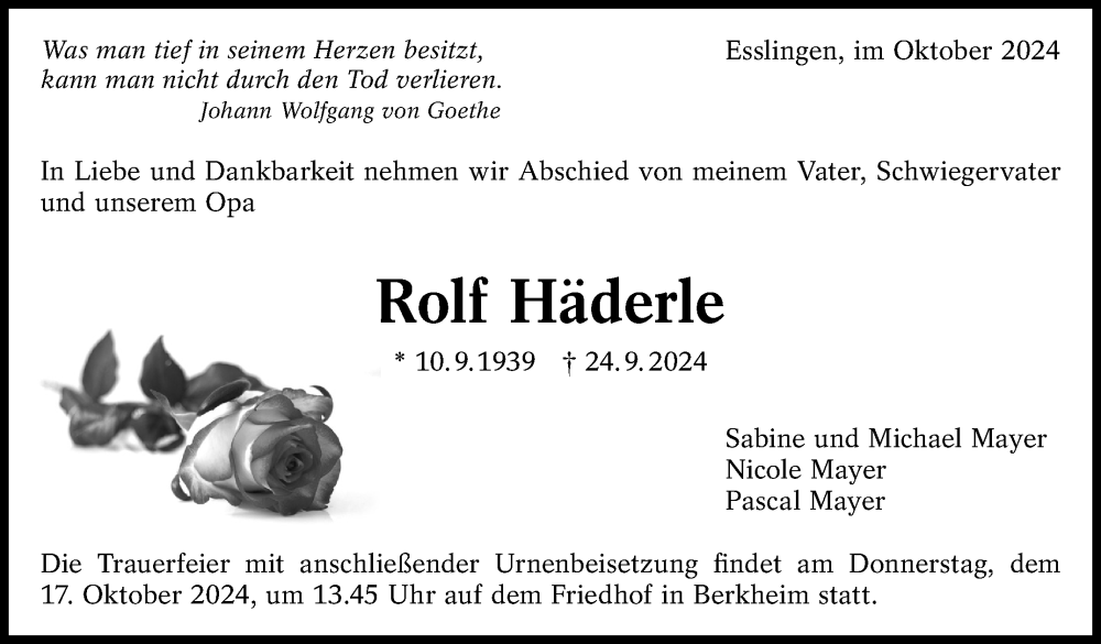  Traueranzeige für Rolf Häderle vom 12.10.2024 aus Eßlinger Zeitung/Cannstatter Zeitung
