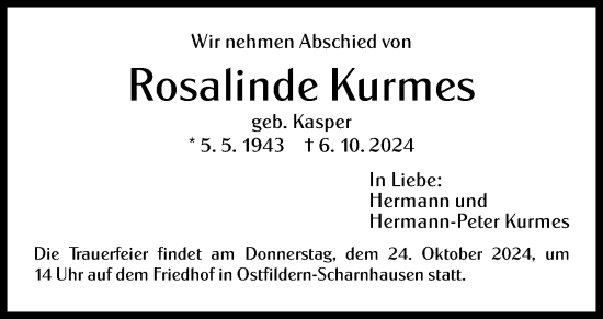 Traueranzeige von Rosalinde Kurmes von Eßlinger Zeitung/Cannstatter Zeitung