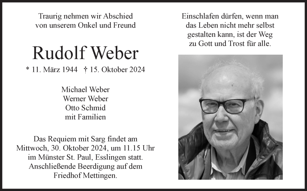  Traueranzeige für Rudolf Weber vom 23.10.2024 aus Eßlinger Zeitung/Cannstatter Zeitung