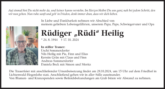 Traueranzeige von Rüdiger Heilig von Eßlinger Zeitung/Cannstatter Zeitung