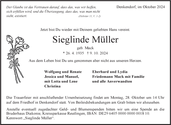 Traueranzeige von Sieglinde Müller von Eßlinger Zeitung/Cannstatter Zeitung