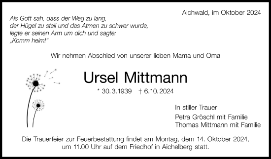 Traueranzeige von Ursel Mittmann von Eßlinger Zeitung/Cannstatter Zeitung