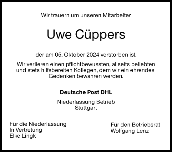 Traueranzeige von Uwe Cüppers von Eßlinger Zeitung/Cannstatter Zeitung