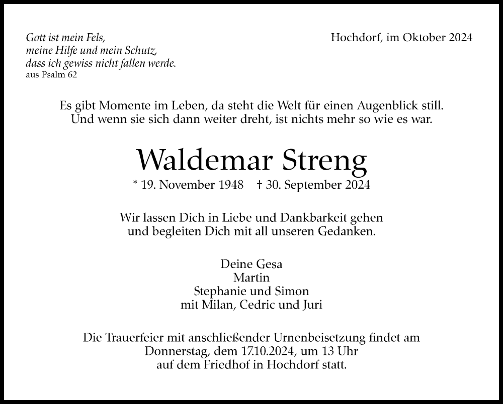  Traueranzeige für Waldemar Streng vom 10.10.2024 aus Eßlinger Zeitung/Cannstatter Zeitung