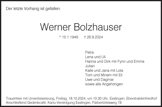 Traueranzeige von Werner Bolzhauser von Eßlinger Zeitung/Cannstatter Zeitung
