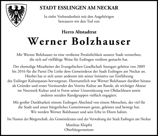 Traueranzeige von Werner Bolzhauser von Eßlinger Zeitung/Cannstatter Zeitung