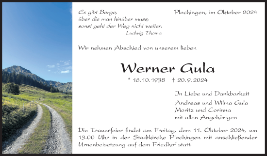 Traueranzeige von Werner Gula von Eßlinger Zeitung/Cannstatter Zeitung