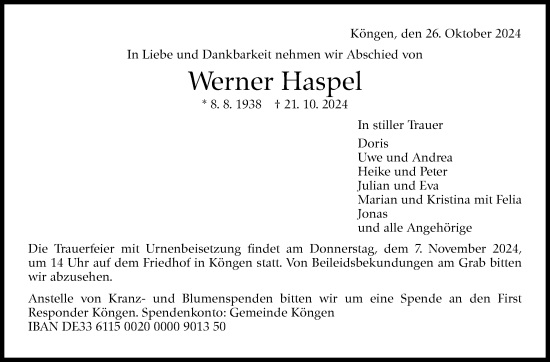 Traueranzeige von Werner Haspel von Eßlinger Zeitung/Cannstatter Zeitung