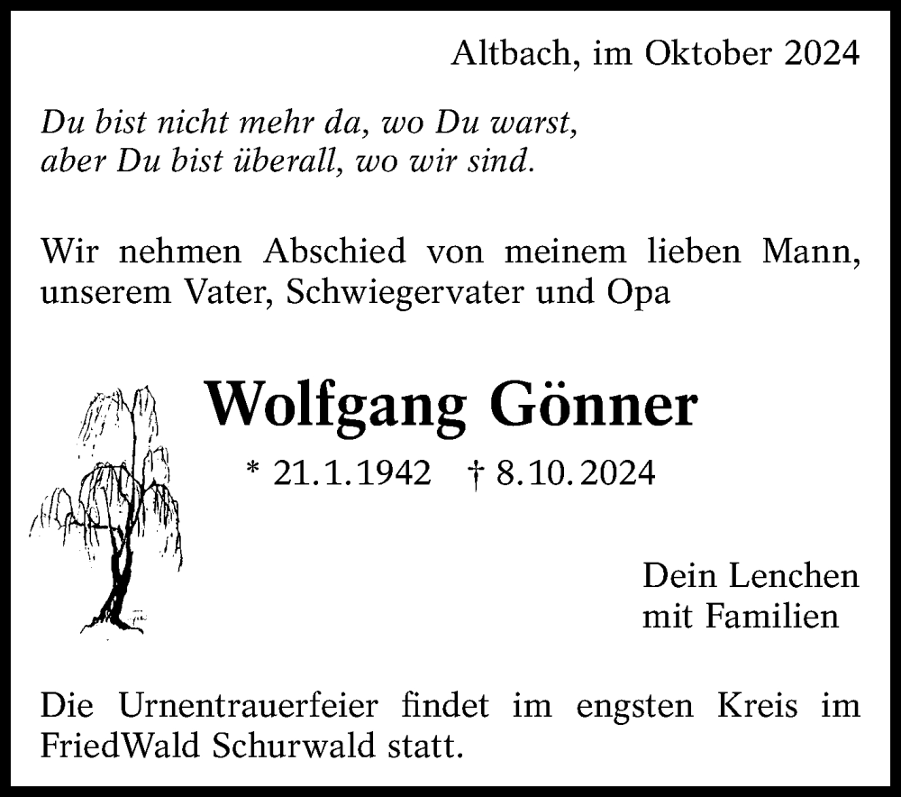  Traueranzeige für Wolfgang Gönner vom 12.10.2024 aus Eßlinger Zeitung/Cannstatter Zeitung