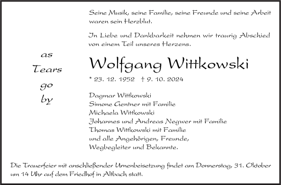 Traueranzeige von Wolfgang Wittkowski von Eßlinger Zeitung/Cannstatter Zeitung