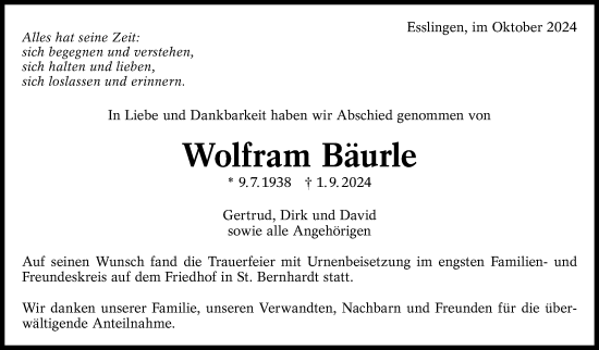 Traueranzeige von Wolfram Bäurle von Eßlinger Zeitung/Cannstatter Zeitung