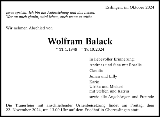 Traueranzeige von Wolfram Balack von Eßlinger Zeitung/Cannstatter Zeitung