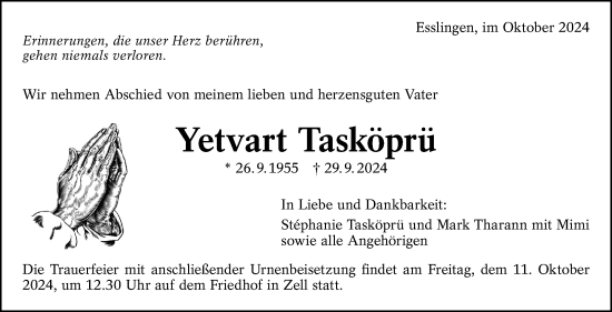 Traueranzeige von Yetvart Tasköprü von Eßlinger Zeitung/Cannstatter Zeitung
