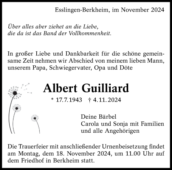 Traueranzeige von Albert Guilliard von Eßlinger Zeitung/Cannstatter Zeitung