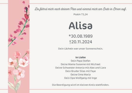 Traueranzeige von Alisa  von Eßlinger Zeitung/Cannstatter Zeitung