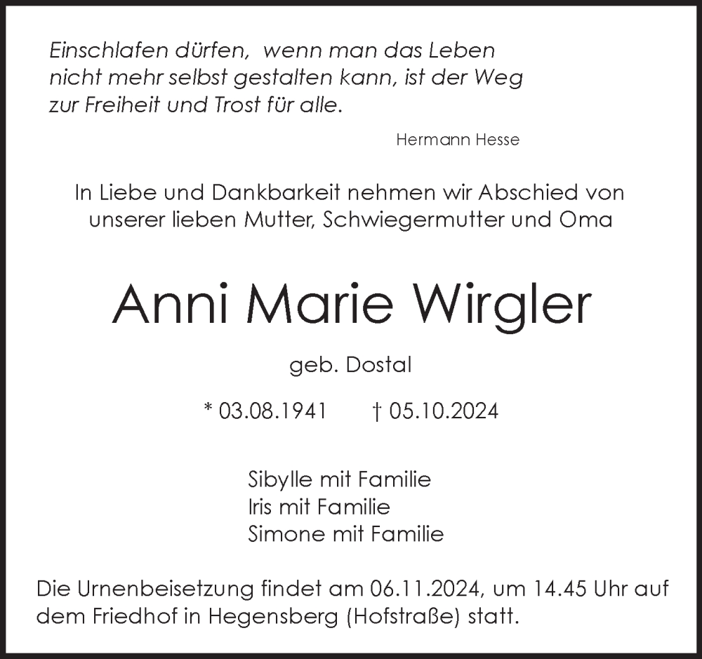  Traueranzeige für Anni Marie Wirgler vom 02.11.2024 aus Eßlinger Zeitung/Cannstatter Zeitung