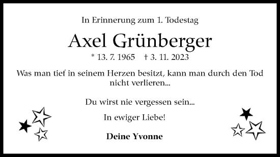 Traueranzeige von Axel Grünberger von Eßlinger Zeitung/Cannstatter Zeitung