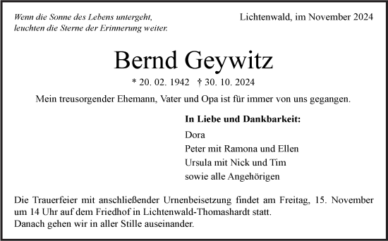 Traueranzeige von Bernd Geywitz von Eßlinger Zeitung/Cannstatter Zeitung