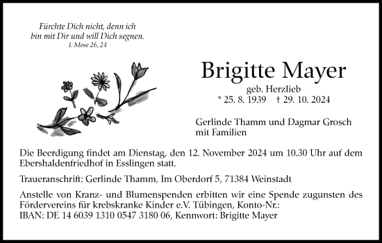 Traueranzeige von Brigitte Mayer von Eßlinger Zeitung/Cannstatter Zeitung