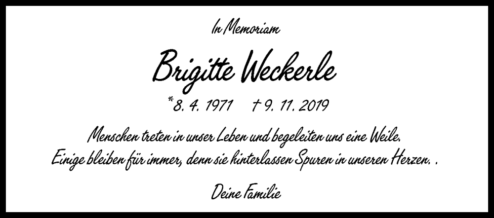  Traueranzeige für Brigitte Weckerle vom 09.11.2024 aus Eßlinger Zeitung/Cannstatter Zeitung