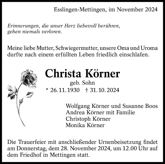 Traueranzeige von Christa Körner von Eßlinger Zeitung/Cannstatter Zeitung