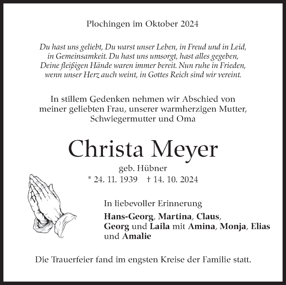  Traueranzeige für Christa Meyer vom 04.11.2024 aus Eßlinger Zeitung/Cannstatter Zeitung