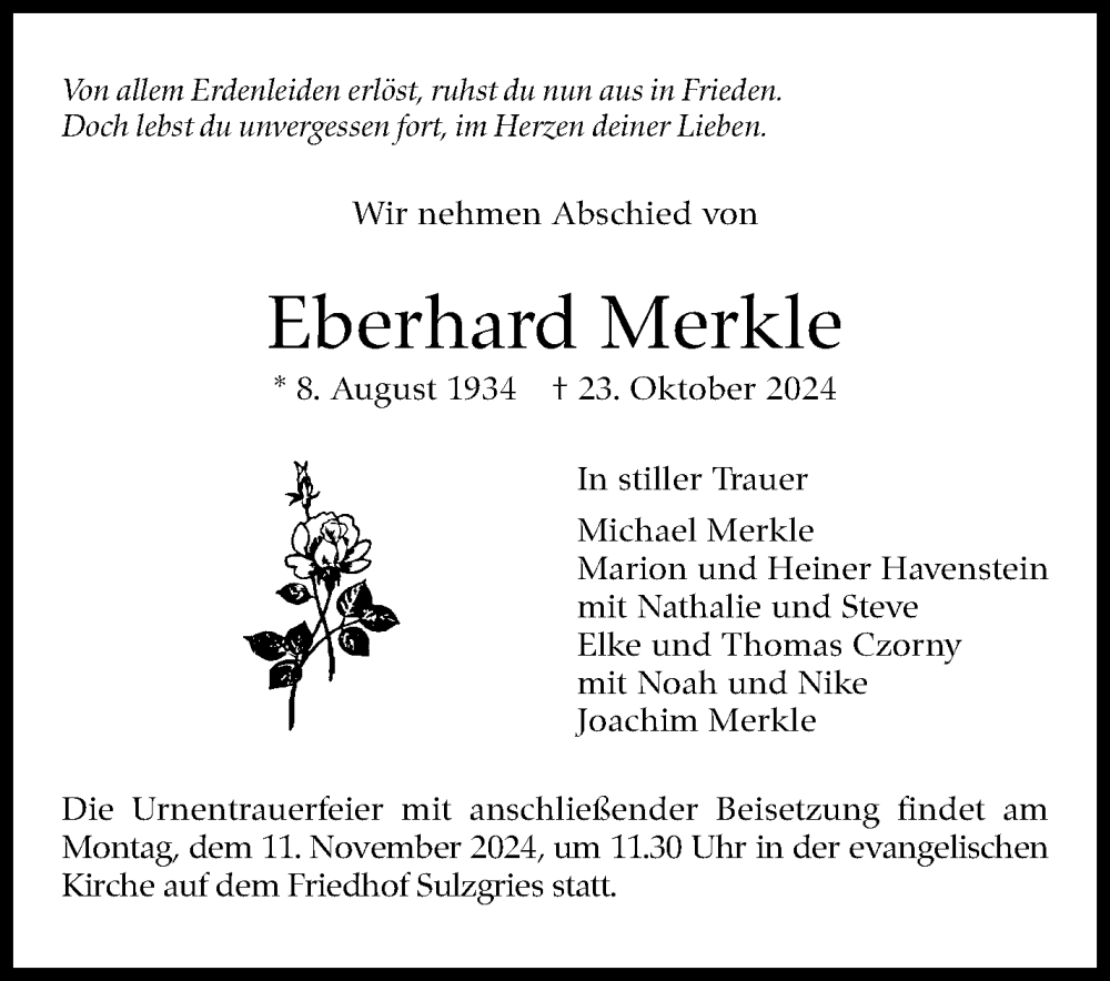 Traueranzeige für Eberhard Merkle vom 02.11.2024 aus Eßlinger Zeitung/Cannstatter Zeitung
