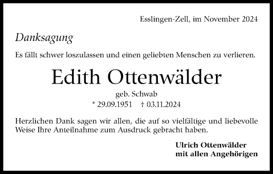 Traueranzeige von Edith Ottenwälder von Eßlinger Zeitung/Cannstatter Zeitung