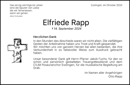 Traueranzeige von Elfriede Rapp von Eßlinger Zeitung/Cannstatter Zeitung