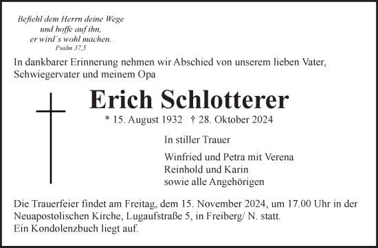 Traueranzeige von Erich Schlotterer von Eßlinger Zeitung/Cannstatter Zeitung