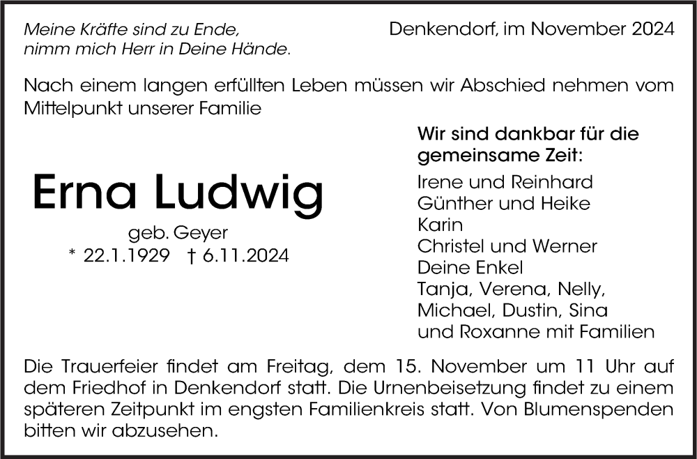  Traueranzeige für Erna Ludwig vom 13.11.2024 aus Eßlinger Zeitung/Cannstatter Zeitung