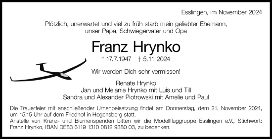 Traueranzeige von Franz Hrynko von Eßlinger Zeitung/Cannstatter Zeitung