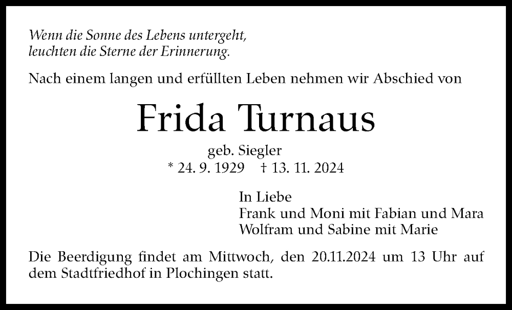  Traueranzeige für Frida Turnaus vom 18.11.2024 aus Eßlinger Zeitung/Cannstatter Zeitung