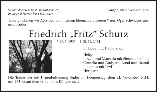 Traueranzeige von Friedrich Schurz von Eßlinger Zeitung/Cannstatter Zeitung